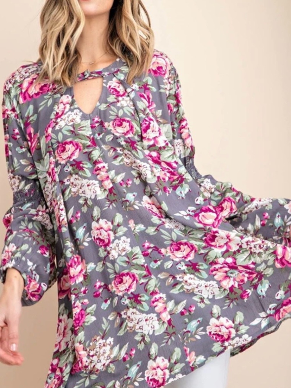 Umgee Floral Key Hole Bell Sleeve Trapeze Swing Mini Dress